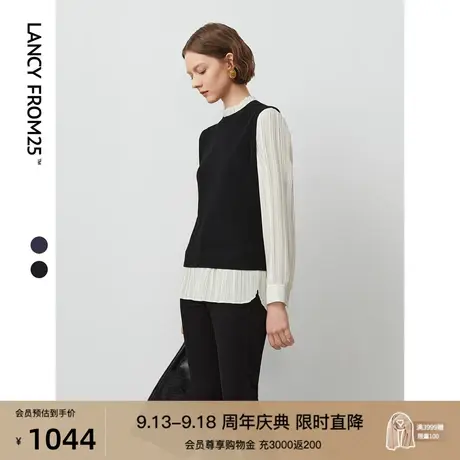 朗姿纯羊毛设计感假两件内搭打底上衣2023年冬季新款气质毛针织衫图片