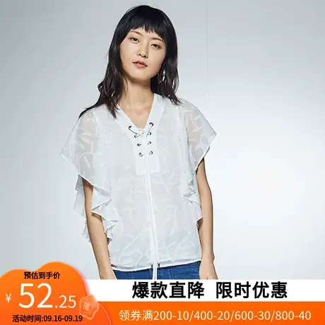 艾格官方旗舰店夏季新品T恤薄款绣花荷叶袖纯色百搭Z145商品大图