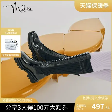 妙丽冬季新款拼接系带骑士靴弹力瘦瘦高筒女漆皮方头长靴SCE41DG1商品大图