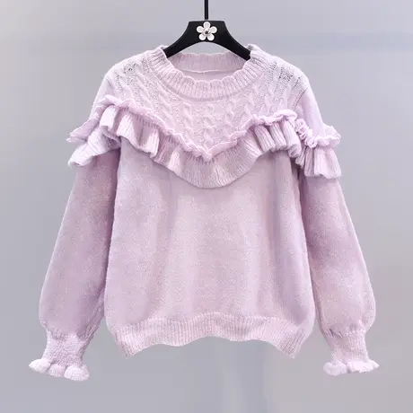 荷叶边拼接软糯毛衣女2023春装新款宽松温柔风洋气打底针织衫上衣图片