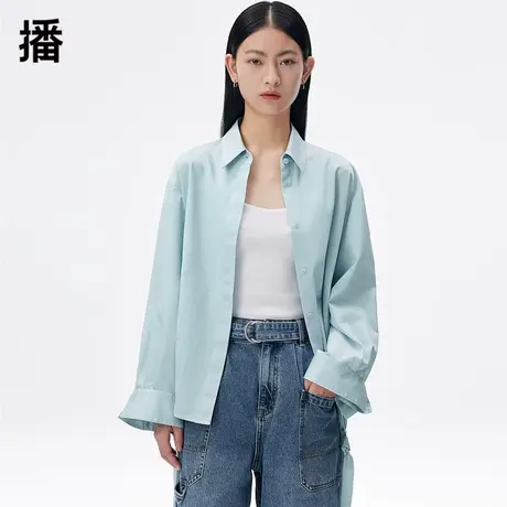 播2024春季新款文艺通勤腰带装饰翻领宽松长袖衬衫女DDQ3CD5014商品大图