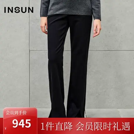 恩裳2023年秋装新款羊毛混纺明线钉珠设计开叉弹力微喇裤商品大图