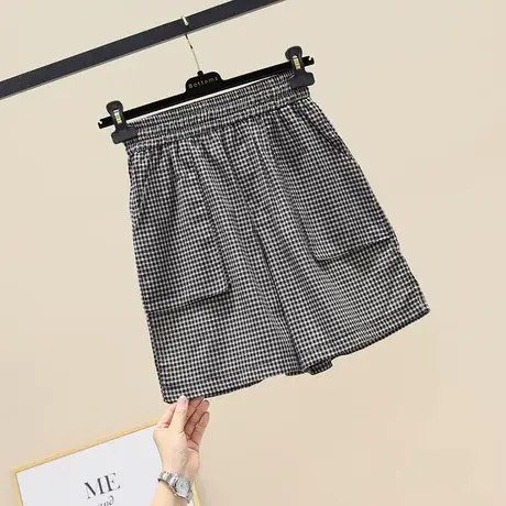 高腰棉麻格子休闲裤女五分2023夏季新款复古透气千鸟格阔腿中裤子商品大图