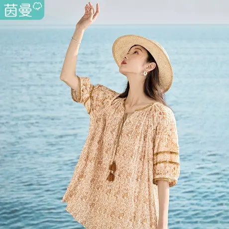 【商场同款】茵曼小众设计度假风衬衣2023夏季女装新款短袖薄上衣图片