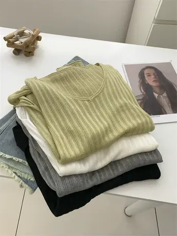 V领坑条羊毛针织衫女初秋慵懒感显瘦百搭垂感套头毛衣23新款上衣商品大图