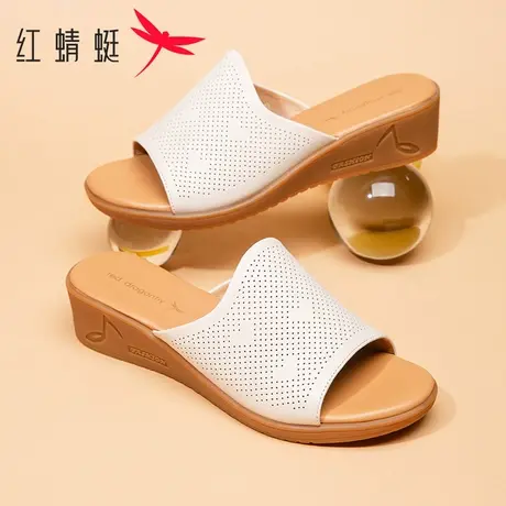 红蜻蜓凉鞋女拖鞋外穿镂空拖鞋2025夏季新款透气真皮中年妈妈凉鞋商品大图