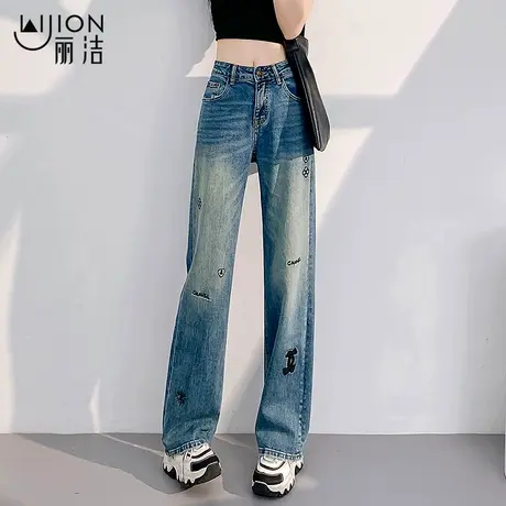 窄版洗水直筒裤女夏季2025新款小个子刺绣牛仔裤慵懒牛仔布阔腿裤商品大图