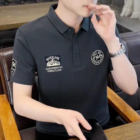 夏季POLO衫男士短袖潮牌徽章个性翻领短袖T恤男装肩章休闲上衣商品大图