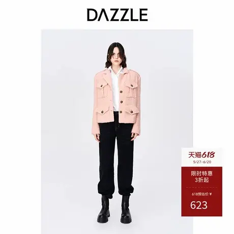 DAZZLE地素奥莱粉色复古工装风羊毛混纺厚实短款毛呢外套上衣女图片