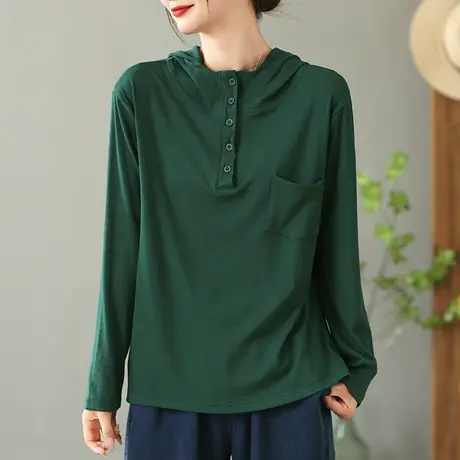 dza复古春秋纯棉连帽长袖上衣女士内搭打底衫宽松显瘦口袋T恤帽衫商品大图