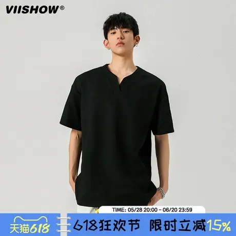 VIISHOW美式重磅华夫格亨利领短袖T恤男潮牌肌理感百搭半袖上衣商品大图