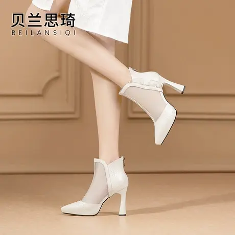 真皮镂空网纱尖头厚底粗跟短靴女2024春夏季百搭防水台高跟凉靴图片