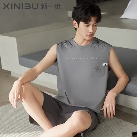 新一步纯棉无袖短裤睡衣男士夏季薄款背心两件套宽松大码家居服商品大图