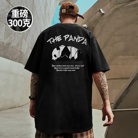 300g重磅美式潮牌夏季情侣短袖t恤大码男装纯棉国潮熊猫胖子半袖商品大图