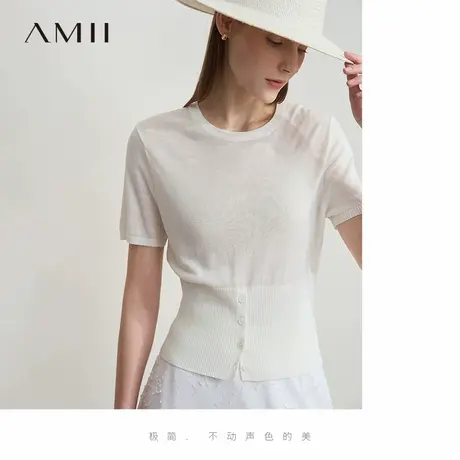 Amii2025夏新款极简纯色修身套头短袖收腰开衩莱赛尔亚麻针织衫商品大图