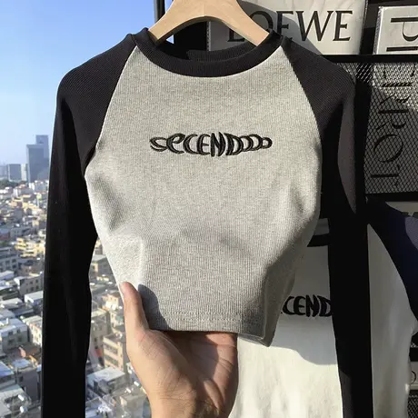 设计感小众拼色长袖T恤女春秋内搭短款打底衫高腰露脐紧身上衣服图片