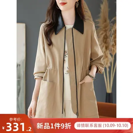 宝诗黎皮质翻领中长款抽绳收腰风衣外套气质开衫上衣2023秋季新款商品大图