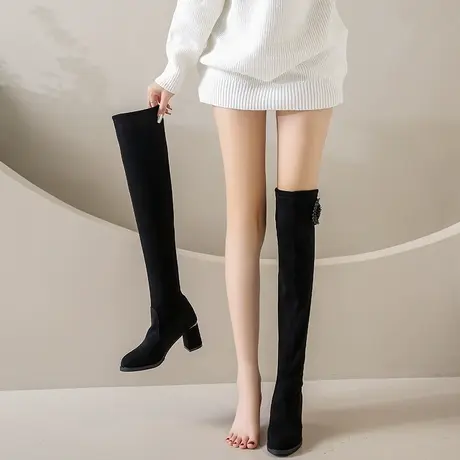 过膝长靴女2023春秋新款小个子显瘦黑色骑士靴粗跟高跟厚底长筒靴商品大图