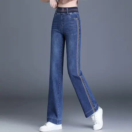 拉夏贝尔松紧高腰牛仔裤女秋冬2025新款宽松直筒裤加绒窄版阔腿裤商品大图