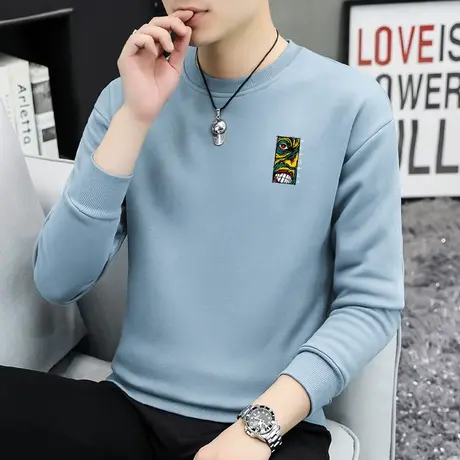 380g重磅纯棉卫衣男秋冬加绒加厚潮牌印花圆领无帽摇粒绒长袖t恤商品大图