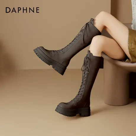 达芙妮靴子女冬季拉德长筒靴2026新款系带棕色骑士高筒厚底马丁靴商品大图