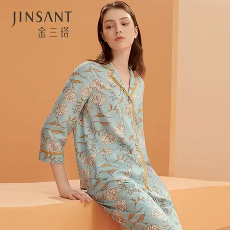 金三塔重磅真丝印花睡衣女士套装100%桑蚕丝长袖宽松两件套家居服商品大图