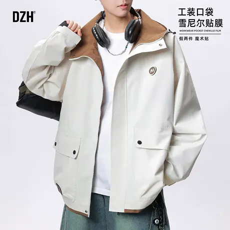 男士雪尼尔撞色外套男2025新款机能冲锋衣秋季休闲夹克假两件上衣商品大图