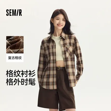 森马长袖衬衫女中长款慵懒宽松落肩休闲秋季chic复古格纹衬衣潮XY图片