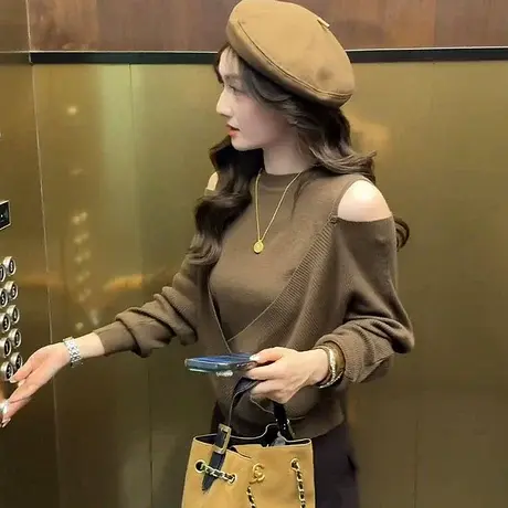 假两件镂空长袖针织衫女装2025新款春秋季高级感时尚洋气露肩上衣商品大图