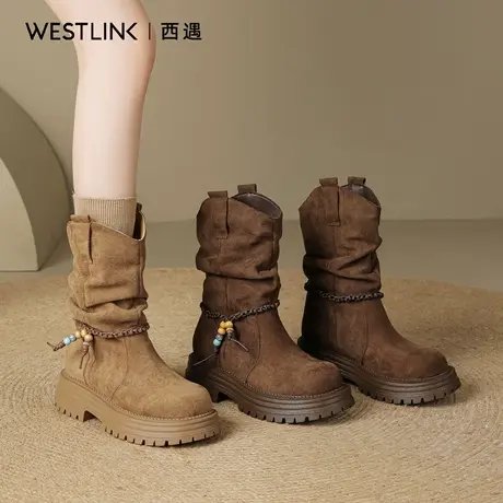 西遇棕色复古堆堆靴女款2025秋季新款v口厚底牛仔靴美拉德短靴子A商品大图