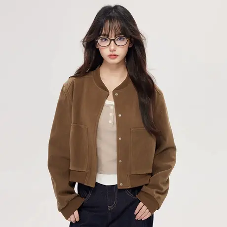 尔给美拉德色系外套女2024秋季新品长袖短款休闲女士时尚百搭上衣商品大图