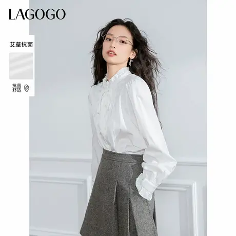 【抗菌】LAGOGO拉谷谷花边立领白色衬衫女2024冬新款优雅法式上衣商品大图