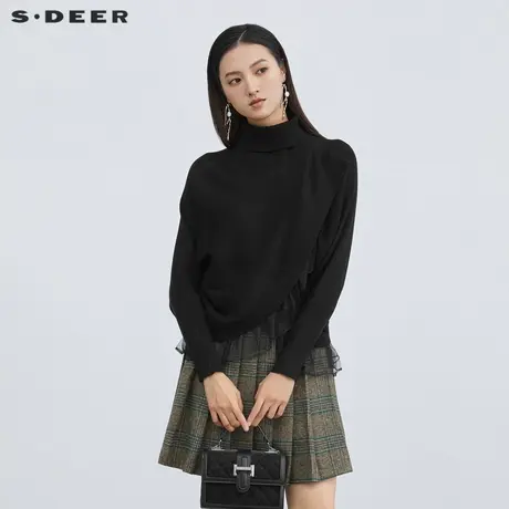 sdeer圣迪奥女装高领拼接网纱不规则长袖针织衫S224Z3516商品大图