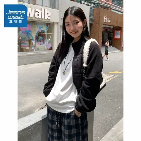 KMV真维斯黑色立领双面摇粒绒外套女2025新款春秋季宽松显瘦上衣商品大图