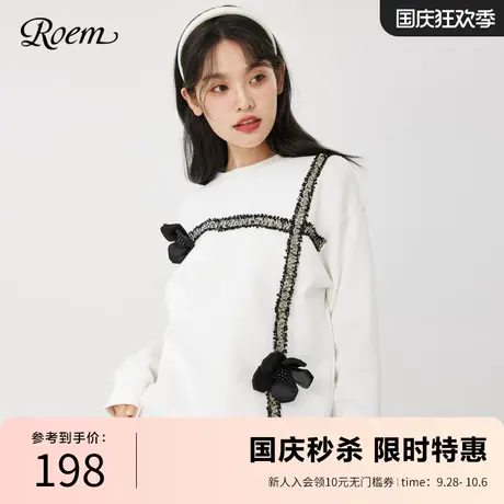 Roem春秋 时尚商场同款简约打底套头罗纹圆领甜酷风花朵长袖卫衣图片
