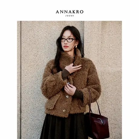 玖姿安娜蔻复古美拉德风两面穿仿麂皮绒机车外套女2025冬季新款图片