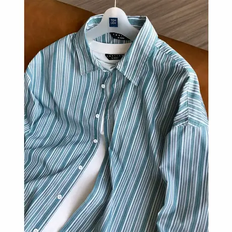 唐狮秋季新款男长袖衬衫条纹设计感开衫衬衣学生日系简约上衣TM图片