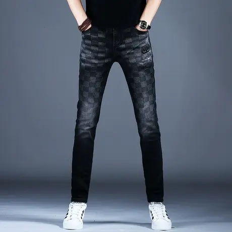 个性黑色牛仔裤男2023新款潮流裤子男士美式高街小脚修身弹力印花商品大图