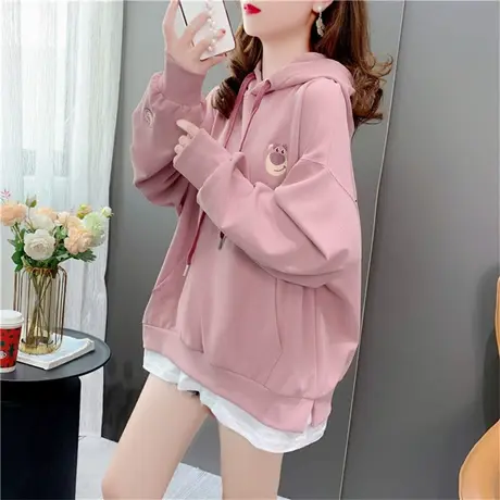 假两件卡通刺绣连帽卫衣女秋季2022年新款韩版宽松中长款减龄上衣商品大图