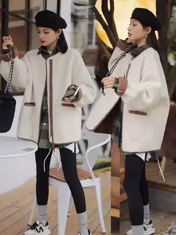 简约冬季新款宽松皮毛一体羊羔毛绒大衣加厚拉链中长撞色机车外套商品大图