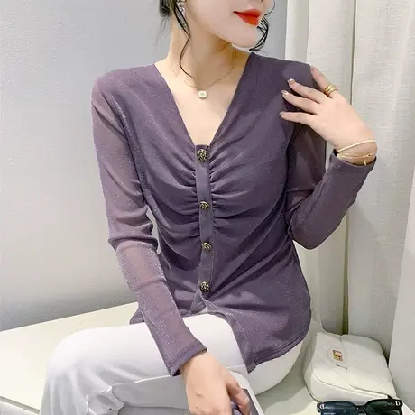 性感褶皱开叉上衣秋冬新款纽扣拼接T恤女长袖洋气修身减龄打底衫商品大图