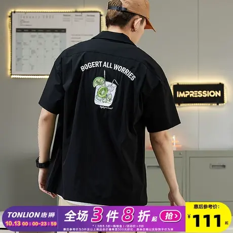 唐狮2022夏季新款短袖衬衫后背印花短袖衬衫休闲男士衬衣宽松复古图片
