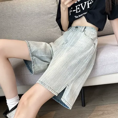 开叉牛仔短裤女五分夏季薄款2023年新款高腰显瘦直筒复古阔腿中裤商品大图