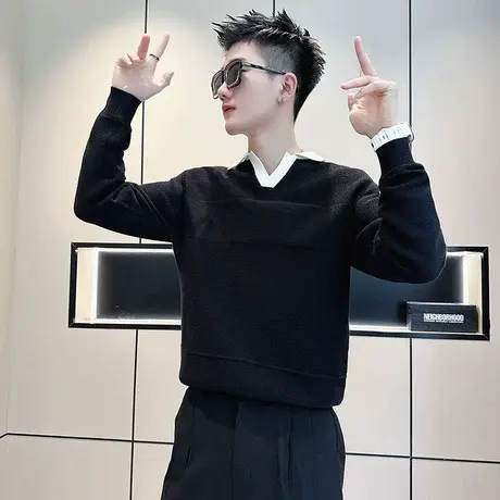 高级感撞色POLO衫套头毛衣男2023秋冬小众休闲V领针织衫内搭线衣商品大图