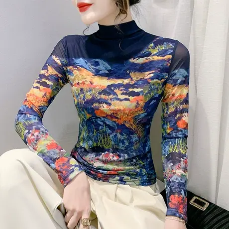 时尚减龄半高领T恤女长袖性感网纱扎染印花上衣洋气修身打底衫ins商品大图