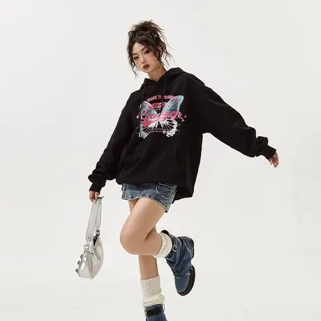 YEP复古黑色蝴蝶印花连帽加绒卫衣女秋冬2023年新款潮牌宽松外套商品大图