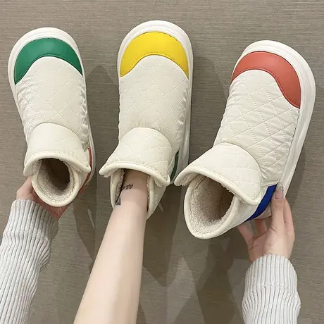 时尚拼色棉拖鞋女冬季防水室内外穿加厚毛绒保暖防滑厚底包跟棉鞋商品大图