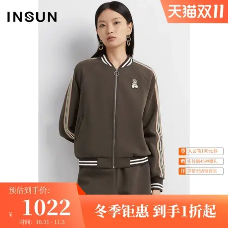 恩裳秋季时尚撞色条纹咖色棉质休闲棒球服外套女商品大图