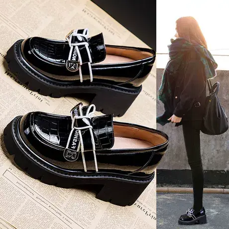 英伦风小皮鞋女春秋单鞋2023新款秋季黑色漆皮圆头增高厚底乐福鞋商品大图