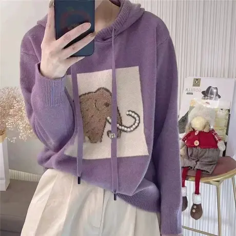 女装新品紫色卡通连帽毛衣女秋冬2023新款冬季爆款内搭针织衫上衣图片